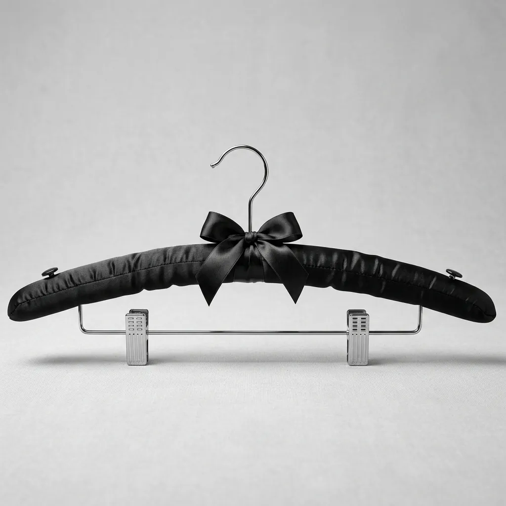 Satin Padded Hanger With Clips — HNG-1034 — A satin-padded hanger with a non-slip rubber-covered hook and built-in clips for trousers and skirts. The soft satin protects garments while a chrome holder adds polish. Packed 100 pieces per carton, black or white. (image 7)