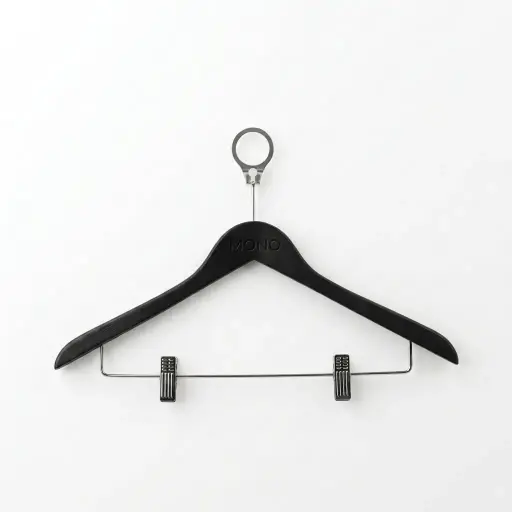 Wooden Anti-Theft Clothes Hanger with Clips [1038] — HNG-1038 — An anti-theft wooden hanger with a chrome hook and chrome metal clips for trousers and skirts. Sturdy and smooth, it keeps garments crease-free while staying secured to the wardrobe rail. Measures 44.5x23cm, available in black or natural.