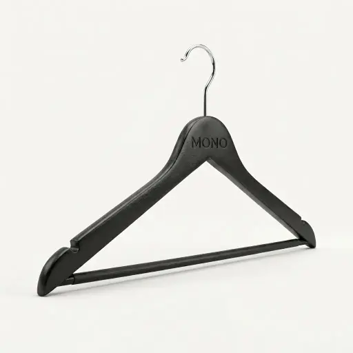 Wooden Clothes Hanger [1039] — HNG-1039 — A black wooden clothes hanger with a thickened straight bar for everyday wardrobe use. Smooth and sturdy, it holds shirts and jackets neatly in guest closets. Supplied 130 pieces per carton, measuring 44.5cm wide.