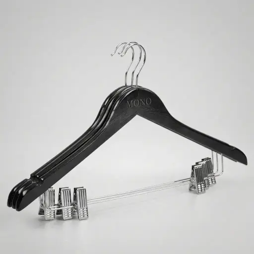Wooden Clothes Hanger With Clips — HNG-1040 — A black wooden clothes hanger with a thickened straight bar and built-in clips for trousers and skirts. The smooth, durable design keeps garments neat and crease-free. Supplied 120 pieces per carton, measuring 44.5cm wide.