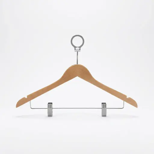 Wooden Anti-Theft Clothes Hanger with Clips [1041] — HNG-1041 — A natural wooden anti-theft hanger with a chrome hook and metal clips for trousers and skirts. The anti-slip, anti-theft design keeps garments secure and crease-free on the rail. Measures 44.5cm wide.