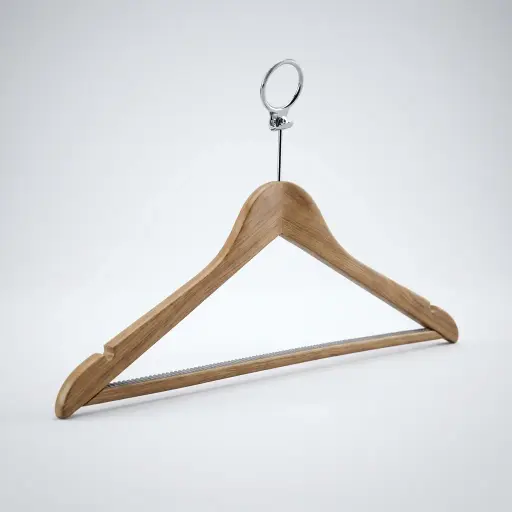 Anti-Theft Wooden Clothes Hanger With Non Slip Bar [1042] — HNG-1042 — A natural wooden anti-theft hanger with a chrome hook and an anti-slip bar that holds garments securely. Built to stay on the wardrobe rail while keeping clothing crease-free. Measures 44.5cm wide.