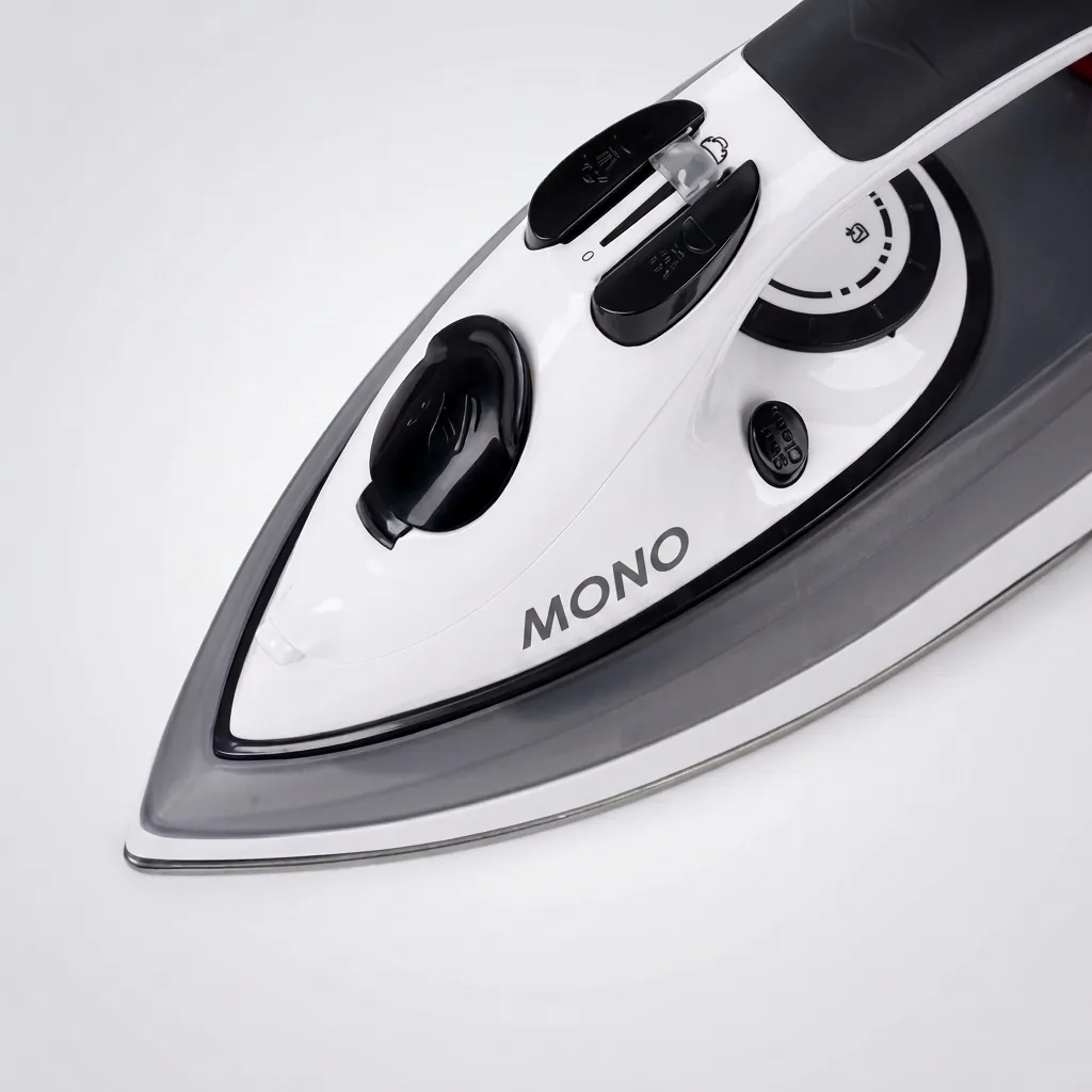 Dry Iron 2000w Adjustable Temperature For Different Fabrics Dry/Spray/Steam — IRN-1035 — A 2000W ceramic-soleplate iron with a 350ml tank offering dry, spray, steam and burst-steam modes plus a self-clean function. Optional anti-calc, anti-drip and auto shut-off features add convenience and safety, guided by a dial thermostat and a soft handle. Sized at 29.8x11.9x14.1cm for everyday hotel pressing. (image 1)