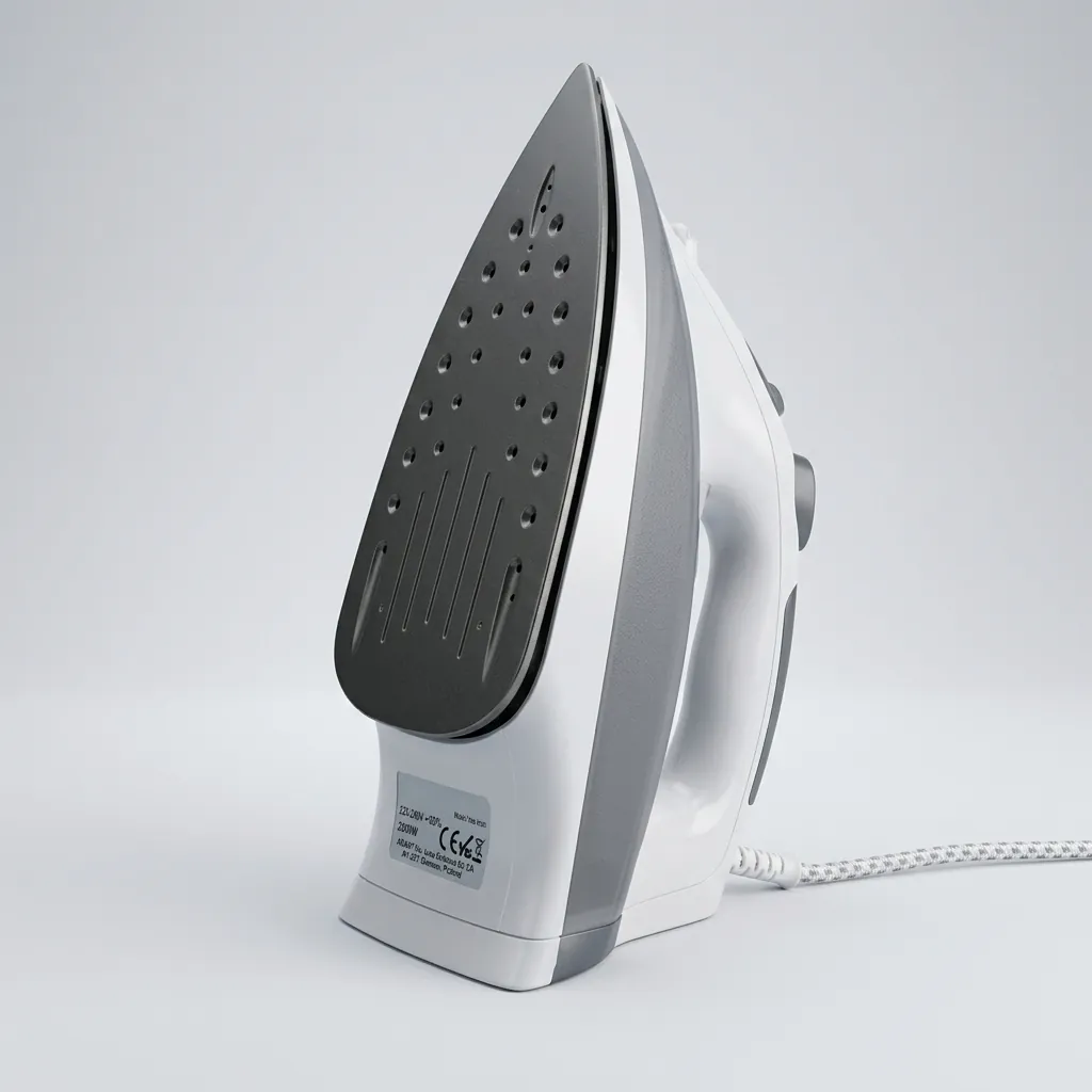 Dry Iron 2000w Adjustable Temperature For Different Fabrics Dry/Spray/Steam — IRN-1035 — A 2000W ceramic-soleplate iron with a 350ml tank offering dry, spray, steam and burst-steam modes plus a self-clean function. Optional anti-calc, anti-drip and auto shut-off features add convenience and safety, guided by a dial thermostat and a soft handle. Sized at 29.8x11.9x14.1cm for everyday hotel pressing. (image 4)