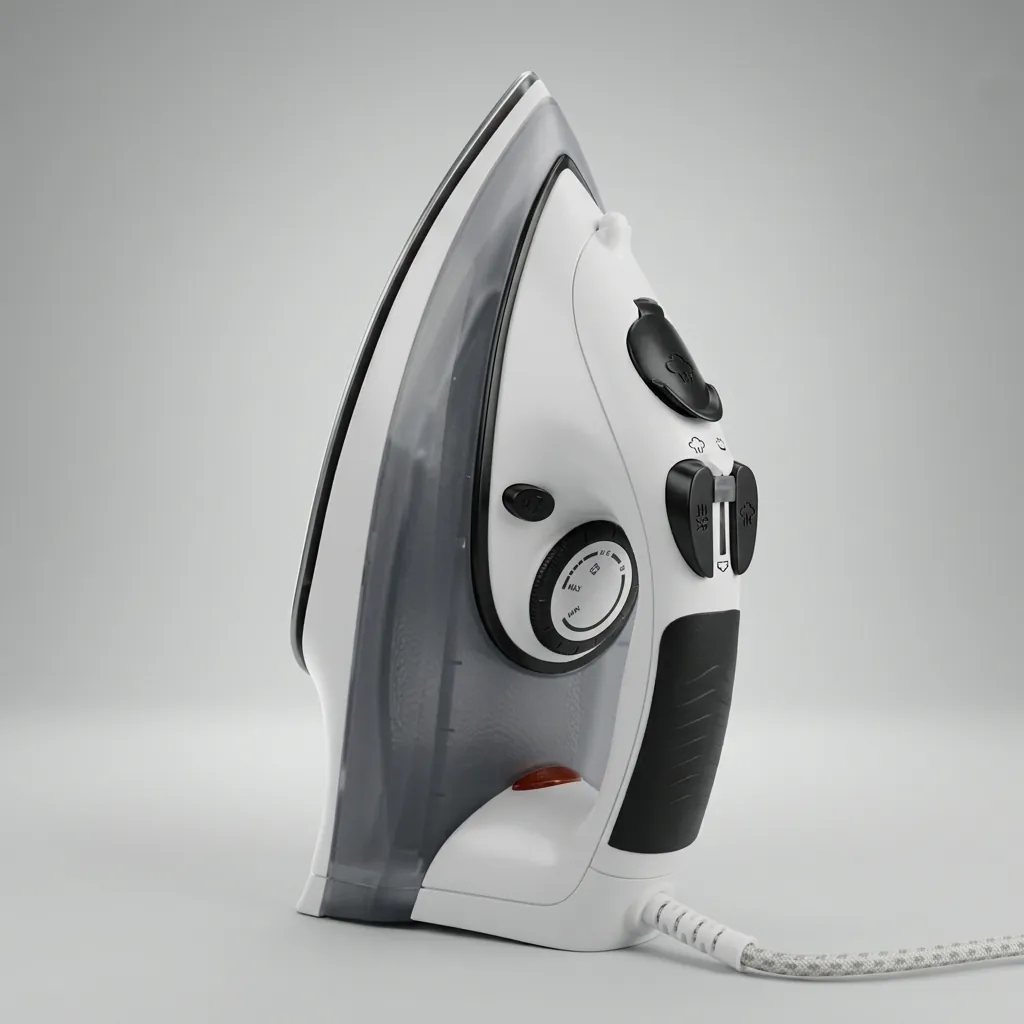 Dry Iron 2000w Adjustable Temperature For Different Fabrics Dry/Spray/Steam — IRN-1035 — A 2000W ceramic-soleplate iron with a 350ml tank offering dry, spray, steam and burst-steam modes plus a self-clean function. Optional anti-calc, anti-drip and auto shut-off features add convenience and safety, guided by a dial thermostat and a soft handle. Sized at 29.8x11.9x14.1cm for everyday hotel pressing. (image 5)