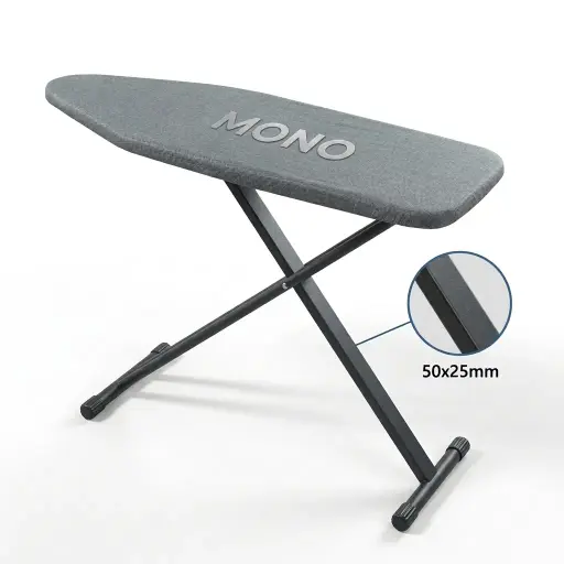 Ironing Board With Rectangular & Round Leg Combination — IRB-1030 — A heavy-duty ironing board with a welded frame, wide 5cm rectangular legs and a sturdy mesh top for exceptional stability. A flame-retardant cotton-blend cover over 8mm foam padding adds comfort, with seven height levels and a safety folding lock. Generous 110x40cm board for efficient pressing.