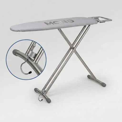 Ironing Board With Iron Rest & Hanging Hook - Board Size: L:90 x W:30 cm — IRB-1031 — A steel ironing board with an integrated iron rest and metal hanging hook for tidy storage. Seven height settings up to 76cm, a 10mm felt underlay and a cotton cover give a smooth, padded surface, with rugged tube legs and anti-slip feet. Board size 90x30cm, in silver or grey.