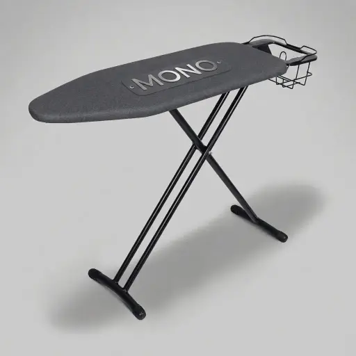 Ironing Board With Iron Rest - Board Size: L:110 x W:33 cm — IRB-1034 — A steel ironing board with an attached iron rest and a powder-coated mesh top for stable pressing. Seven height settings up to 85cm, a 10mm felt underlay and a cotton cover give a smooth surface, with rugged tube legs and anti-slip foot caps. Board size 110x33cm, finished in black.