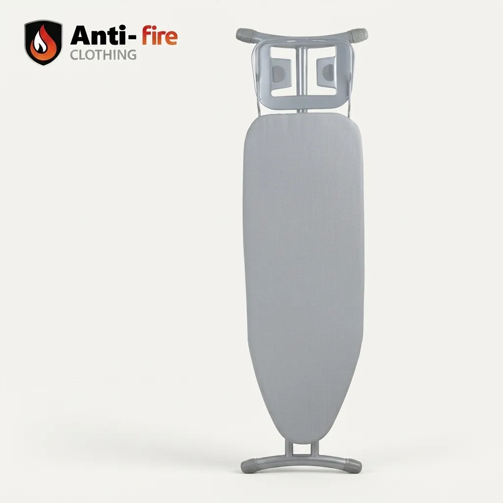 Anti-Fire Fabric Ironing Board With Iron Rest — IRB-1035 — A compact steel ironing board with an attached iron rest and a flame-resistant cover for added safety. Seven height settings up to 78cm, a 10mm felt underlay and rugged tube legs give a smooth, stable surface that folds away neatly. Board size 92x30cm, available in black, silver or grey. (image 2)