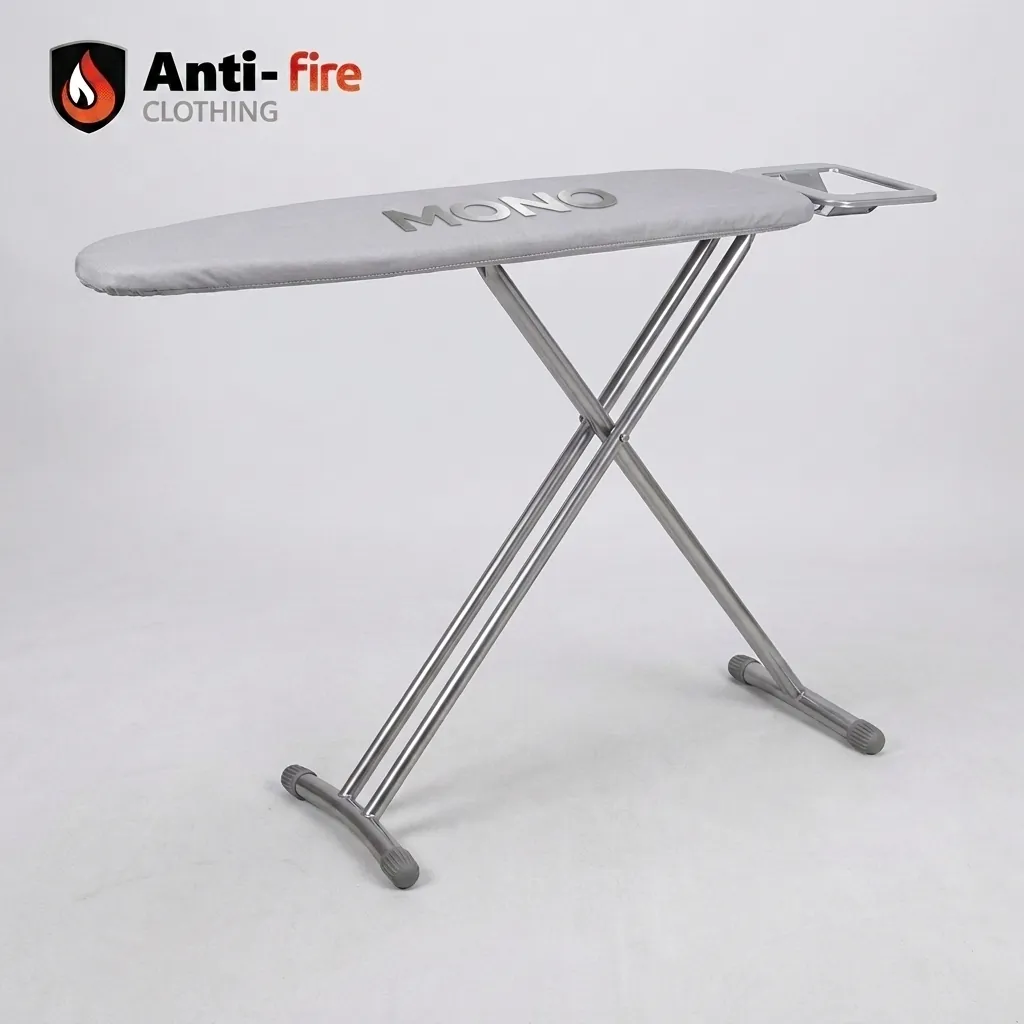 Anti-Fire Fabric Ironing Board With Iron Rest — IRB-1035 — A compact steel ironing board with an attached iron rest and a flame-resistant cover for added safety. Seven height settings up to 78cm, a 10mm felt underlay and rugged tube legs give a smooth, stable surface that folds away neatly. Board size 92x30cm, available in black, silver or grey. (image 1)