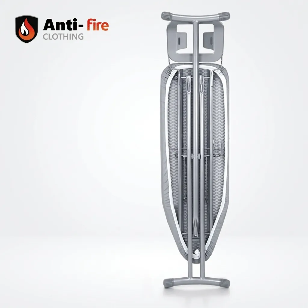 Anti-Fire Fabric Ironing Board With Iron Rest — IRB-1035 — A compact steel ironing board with an attached iron rest and a flame-resistant cover for added safety. Seven height settings up to 78cm, a 10mm felt underlay and rugged tube legs give a smooth, stable surface that folds away neatly. Board size 92x30cm, available in black, silver or grey. (image 11)