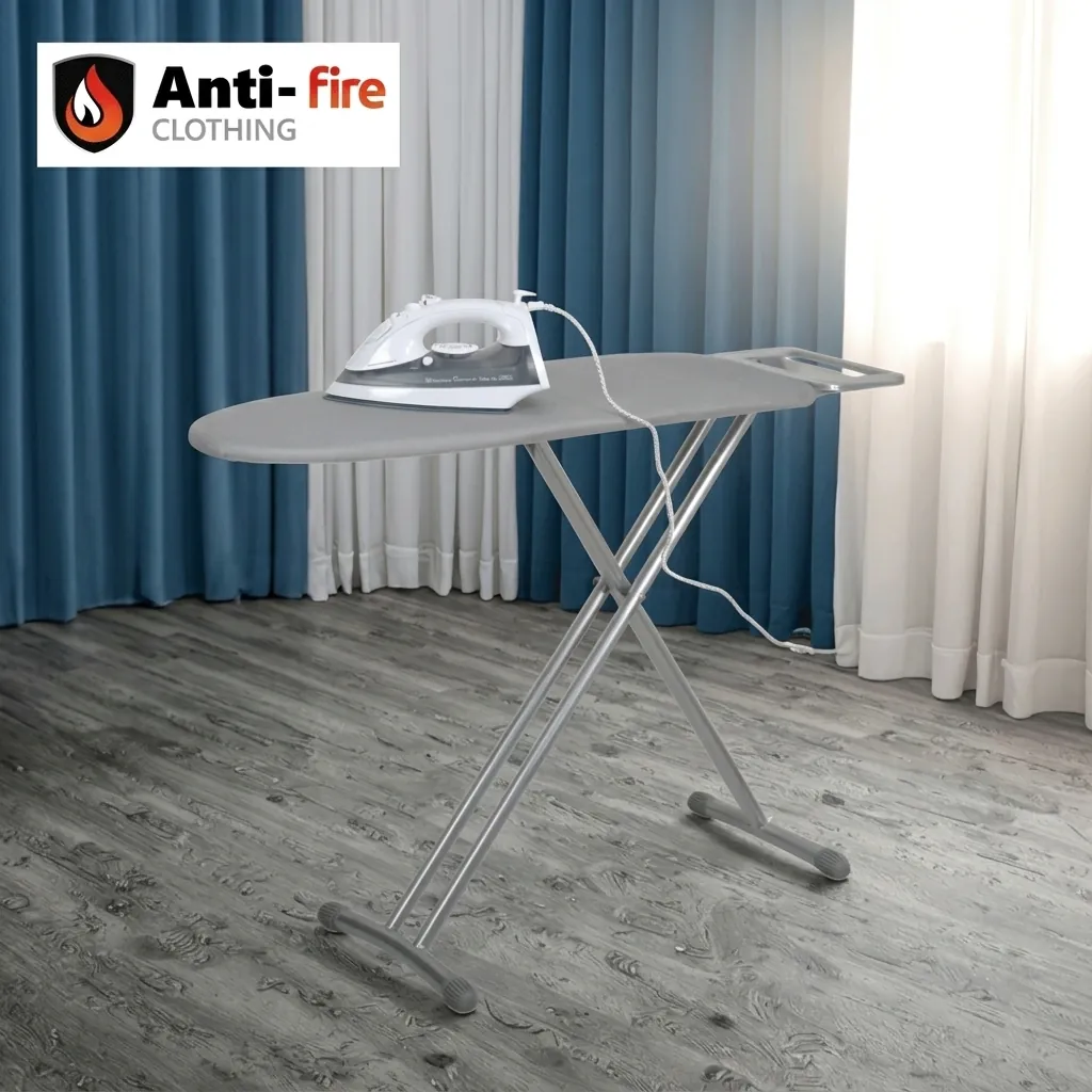 Anti-Fire Fabric Ironing Board With Iron Rest — IRB-1035 — A compact steel ironing board with an attached iron rest and a flame-resistant cover for added safety. Seven height settings up to 78cm, a 10mm felt underlay and rugged tube legs give a smooth, stable surface that folds away neatly. Board size 92x30cm, available in black, silver or grey. (image 12)
