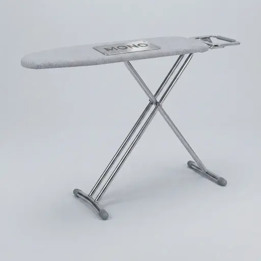 Ironing Board With Iron Rest - Board Size: L:92 x W:30 cm — IRB-1036 — A steel ironing board with an integrated iron rest and powder-coated mesh top that fits neatly into small spaces. Seven height settings up to 78cm, a 10mm felt underlay and a cotton cover give a smooth pressing surface, with anti-slip foot caps. Board size 92x30cm, available in black, silver or grey.