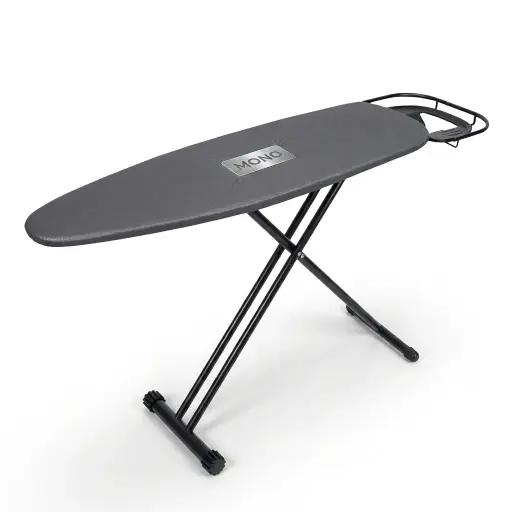Ironing Board With Retractable Rest Part — IRB-1038 — A sturdy welded-frame ironing board with a heavy-gauge mesh top and a retractable iron rest that slides under the board to save space. A flame-retardant cotton cover over thick fibre padding gives smooth, easy ironing, while elastic straps, anti-slip caps and a safety lock keep it secure. Finished in black powder coating for hotel wardrobes.