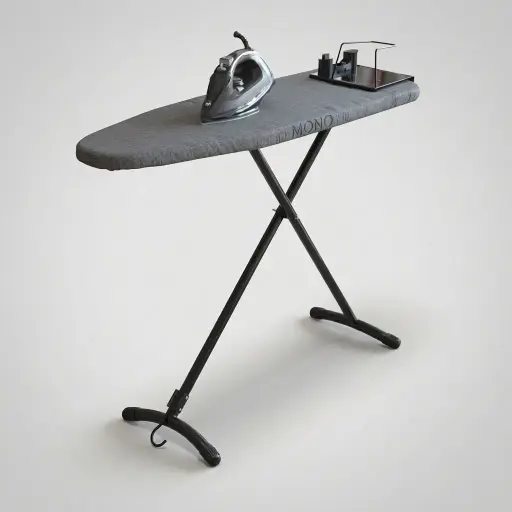 Ironing Board With Integrated Hanger — IRB-1039 — A compact steel ironing board with a mesh top, seven height settings and an optional integrated hanger or organiser. A 7mm felt underlay and cotton cover give a smooth surface, while matt black legs and anti-slip caps add stability. Board size 110x33cm, available in black, silver or grey.