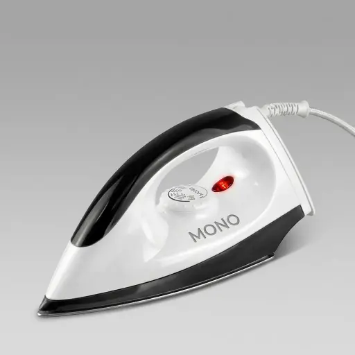 W Dry Iron 1000W with Auto Shut-Off — IRN-1025 — A 1000W dry iron with adjustable fabric settings, a non-stick soleplate and a comfortable grip for everyday pressing. The safe auto shut-off activates after 30 seconds flat or 8 minutes upright, with a temperature pilot light to guide use. No water needed, sized at 26.5x10.3x13.2cm, available in black or white. CE, CB, GCC and RoHS approved.