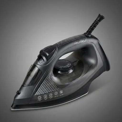 Ceramic Soleplate Steam Iron with Anti-Drip [1028] — IRN-1028 — A 1600W ceramic-soleplate steam iron with a 320ml tank offering dry, steam, spray and blast modes plus an anti-drip function. On and ready indicator lights make it simple to use, and a safe auto shut-off triggers after 30 seconds flat or 8 minutes upright. Sized at 29.2x12.1x14.5cm with a 2m cord, available in black or blue. CE, CB, GCC and RoHS approved.