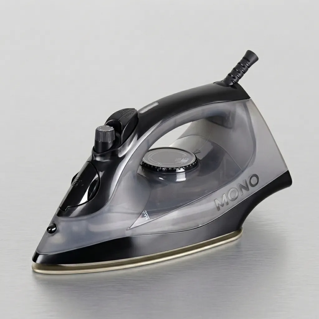 Ceramic Soleplate Steam Iron with Anti-Drip [1029] — IRN-1029 — A compact 1600W ceramic-soleplate steam iron with a 260ml tank and dry, steam, spray and blast modes plus anti-drip, anti-calc and self-clean functions. A dial thermostat, pilot light and ready indicator make it easy to use, with auto shut-off after 30 seconds flat or 8 minutes upright. Sized at 24.6x12x12.7cm with a 1.6m cord, in black or grey. CE, CB, GCC and RoHS approved. (image 1)