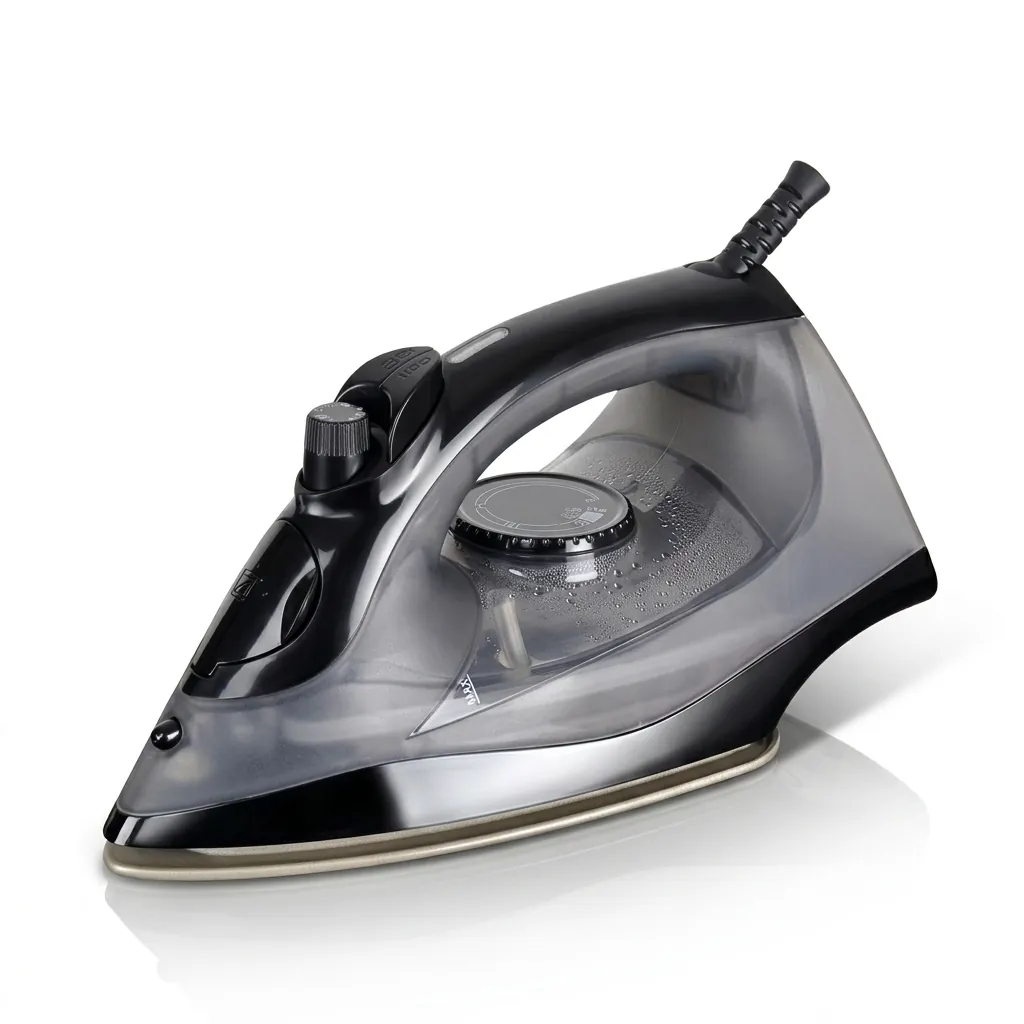 Ceramic Soleplate Steam Iron with Anti-Drip [1029] — IRN-1029 — A compact 1600W ceramic-soleplate steam iron with a 260ml tank and dry, steam, spray and blast modes plus anti-drip, anti-calc and self-clean functions. A dial thermostat, pilot light and ready indicator make it easy to use, with auto shut-off after 30 seconds flat or 8 minutes upright. Sized at 24.6x12x12.7cm with a 1.6m cord, in black or grey. CE, CB, GCC and RoHS approved. (image 3)