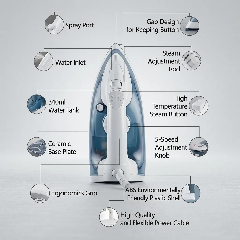 Ceramic Soleplate Steam Iron with Anti-Drip [1032] — IRN-1032 — An 1800W ceramic-soleplate steam iron with a 340ml tank and a strong 260g/min continuous steam output. Dry, steam, spray and blast modes plus anti-drip, anti-calc and self-clean functions handle every fabric, with a dial thermostat and ready indicator. A safe auto shut-off adds protection, available in white or grey. CE, CB, GCC and RoHS approved. (image 2)