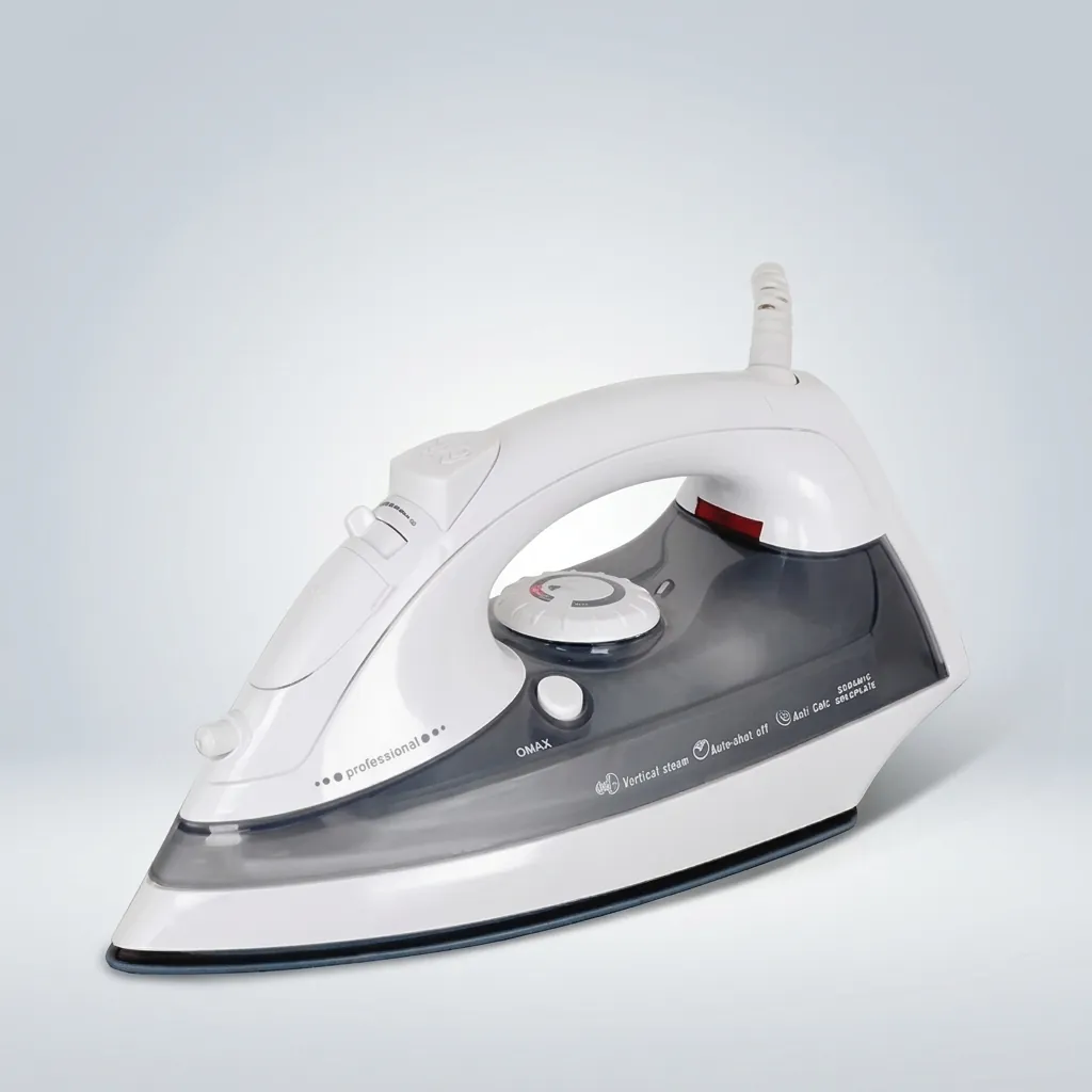 Ceramic Soleplate Steam Iron with Anti-Drip [1032] — IRN-1032 — An 1800W ceramic-soleplate steam iron with a 340ml tank and a strong 260g/min continuous steam output. Dry, steam, spray and blast modes plus anti-drip, anti-calc and self-clean functions handle every fabric, with a dial thermostat and ready indicator. A safe auto shut-off adds protection, available in white or grey. CE, CB, GCC and RoHS approved. (image 3)