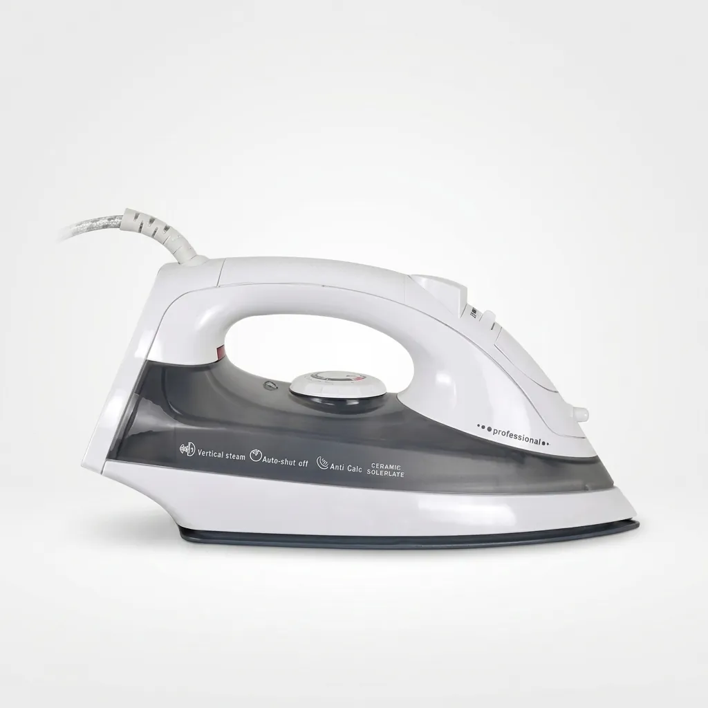Ceramic Soleplate Steam Iron with Anti-Drip [1032] — IRN-1032 — An 1800W ceramic-soleplate steam iron with a 340ml tank and a strong 260g/min continuous steam output. Dry, steam, spray and blast modes plus anti-drip, anti-calc and self-clean functions handle every fabric, with a dial thermostat and ready indicator. A safe auto shut-off adds protection, available in white or grey. CE, CB, GCC and RoHS approved. (image 4)