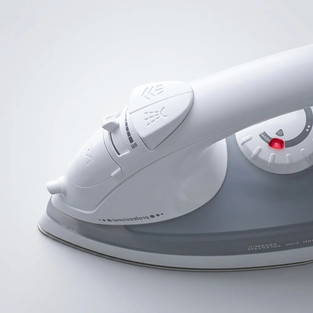 Ceramic Soleplate Steam Iron with Anti-Drip [1032] — IRN-1032 — An 1800W ceramic-soleplate steam iron with a 340ml tank and a strong 260g/min continuous steam output. Dry, steam, spray and blast modes plus anti-drip, anti-calc and self-clean functions handle every fabric, with a dial thermostat and ready indicator. A safe auto shut-off adds protection, available in white or grey. CE, CB, GCC and RoHS approved. (image 5)
