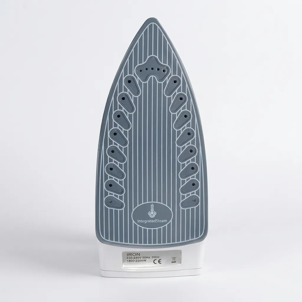 Ceramic Soleplate Steam Iron with Anti-Drip [1032] — IRN-1032 — An 1800W ceramic-soleplate steam iron with a 340ml tank and a strong 260g/min continuous steam output. Dry, steam, spray and blast modes plus anti-drip, anti-calc and self-clean functions handle every fabric, with a dial thermostat and ready indicator. A safe auto shut-off adds protection, available in white or grey. CE, CB, GCC and RoHS approved. (image 6)