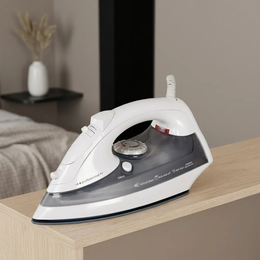 Ceramic Soleplate Steam Iron with Anti-Drip [1032] — IRN-1032 — An 1800W ceramic-soleplate steam iron with a 340ml tank and a strong 260g/min continuous steam output. Dry, steam, spray and blast modes plus anti-drip, anti-calc and self-clean functions handle every fabric, with a dial thermostat and ready indicator. A safe auto shut-off adds protection, available in white or grey. CE, CB, GCC and RoHS approved. (image 8)