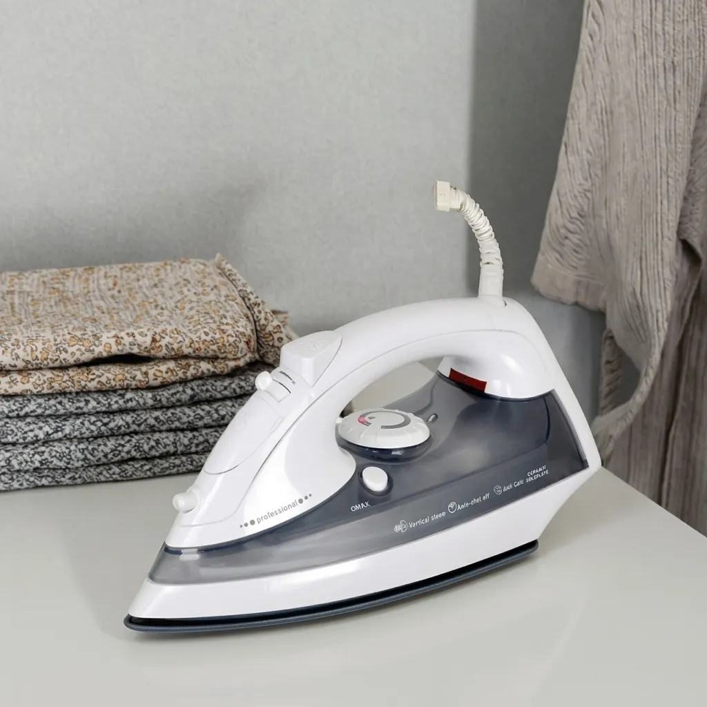 Ceramic Soleplate Steam Iron with Anti-Drip [1032] — IRN-1032 — An 1800W ceramic-soleplate steam iron with a 340ml tank and a strong 260g/min continuous steam output. Dry, steam, spray and blast modes plus anti-drip, anti-calc and self-clean functions handle every fabric, with a dial thermostat and ready indicator. A safe auto shut-off adds protection, available in white or grey. CE, CB, GCC and RoHS approved. (image 9)