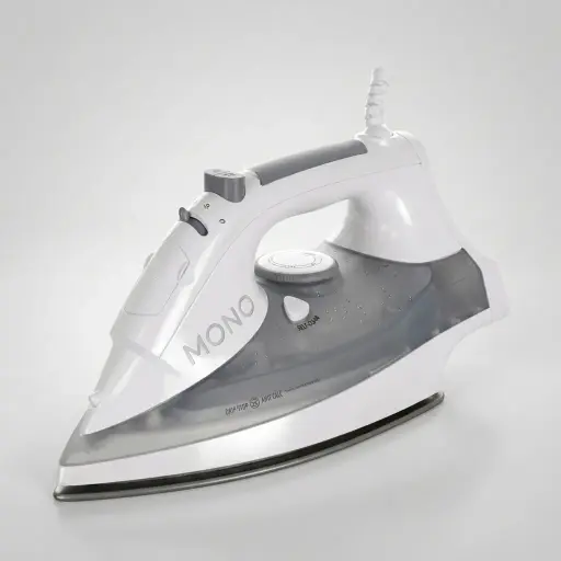 Ceramic Soleplate Steam Iron with Anti-Drip [1033] — IRN-1033 — A 1600W ceramic-soleplate steam iron with a 320ml tank and dry, steam, spray and blast modes plus anti-drip, anti-calc and self-clean functions. A dial thermostat, pilot light and ready indicator make it simple to use, with auto shut-off after 30 seconds flat or 8 minutes upright. Sized at 28.9x12.8x14.6cm, available in white or grey. CE, CB, GCC and RoHS approved.