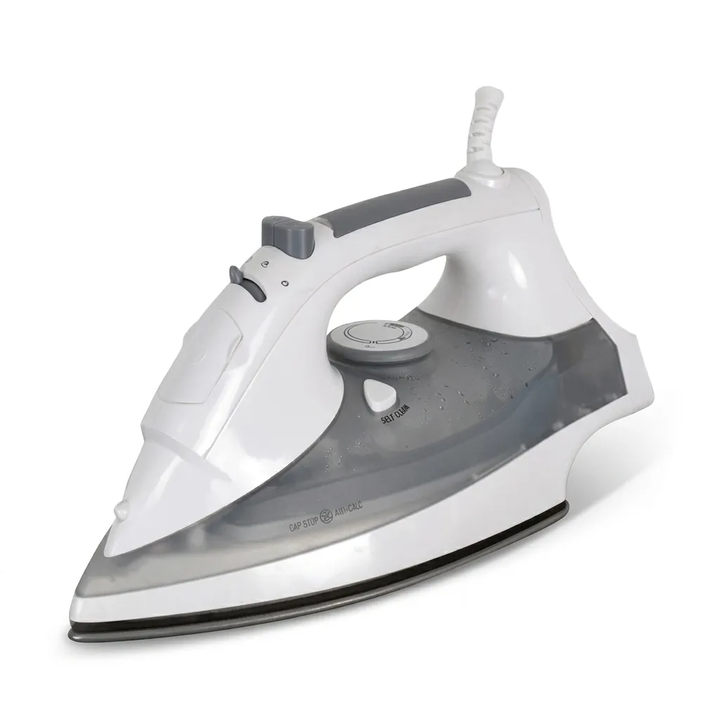 Ceramic Soleplate Steam Iron with Anti-Drip [1033] — IRN-1033 — A 1600W ceramic-soleplate steam iron with a 320ml tank and dry, steam, spray and blast modes plus anti-drip, anti-calc and self-clean functions. A dial thermostat, pilot light and ready indicator make it simple to use, with auto shut-off after 30 seconds flat or 8 minutes upright. Sized at 28.9x12.8x14.6cm, available in white or grey. CE, CB, GCC and RoHS approved. (image 2)