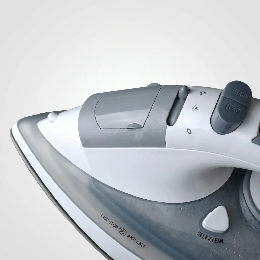 Ceramic Soleplate Steam Iron with Anti-Drip [1033] — IRN-1033 — A 1600W ceramic-soleplate steam iron with a 320ml tank and dry, steam, spray and blast modes plus anti-drip, anti-calc and self-clean functions. A dial thermostat, pilot light and ready indicator make it simple to use, with auto shut-off after 30 seconds flat or 8 minutes upright. Sized at 28.9x12.8x14.6cm, available in white or grey. CE, CB, GCC and RoHS approved. (image 3)