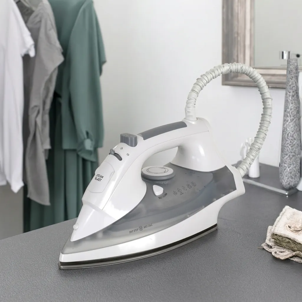 Ceramic Soleplate Steam Iron with Anti-Drip [1033] — IRN-1033 — A 1600W ceramic-soleplate steam iron with a 320ml tank and dry, steam, spray and blast modes plus anti-drip, anti-calc and self-clean functions. A dial thermostat, pilot light and ready indicator make it simple to use, with auto shut-off after 30 seconds flat or 8 minutes upright. Sized at 28.9x12.8x14.6cm, available in white or grey. CE, CB, GCC and RoHS approved. (image 4)