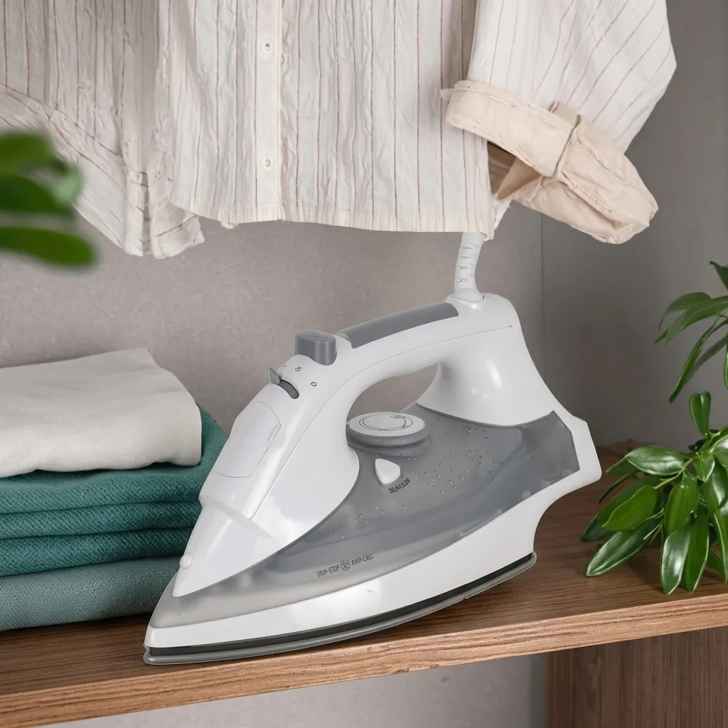 Ceramic Soleplate Steam Iron with Anti-Drip [1033] — IRN-1033 — A 1600W ceramic-soleplate steam iron with a 320ml tank and dry, steam, spray and blast modes plus anti-drip, anti-calc and self-clean functions. A dial thermostat, pilot light and ready indicator make it simple to use, with auto shut-off after 30 seconds flat or 8 minutes upright. Sized at 28.9x12.8x14.6cm, available in white or grey. CE, CB, GCC and RoHS approved. (image 5)
