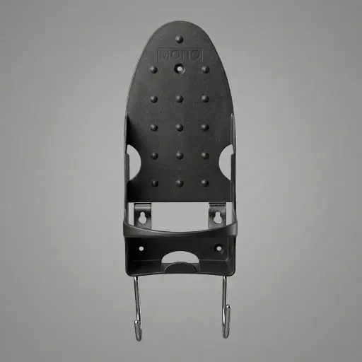 PBT Wall-Mounted Ironing Holder [1024] — IRO-1024 — A wall-mounted holder that stores both the iron and ironing board in flame-retardant PBT plastic. Strong hooks hold the board securely while a built-in pocket keeps the iron cord tidy, saving space in guest wardrobes. Heat-resistant and heavy-duty, it fits all our irons and ironing boards, in black or white.