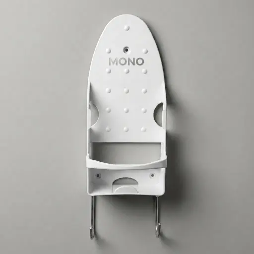 PBT Wall-Mounted Ironing Holder [1025] — IRO-1025 — A space-saving wall-mounted holder for the iron and ironing board, moulded from flame-retardant PBT plastic. Strong hooks secure the board and a storage pocket keeps the cord neat, creating tidy storage in the wardrobe. Heat-resistant and durable, compatible with all our irons and boards, in black or white.