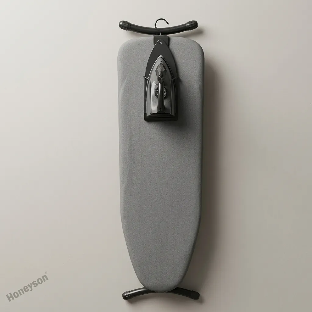 Ironing Holder 16cm [1026] — IRO-1026 — A powder-coated steel ironing holder that stores the iron and board neatly inside the wardrobe. A strong vertical bracket holds the iron while a support bracket keeps the board upright, with a hook for easy mounting. Compact at 13x16x43.5cm, available in black or silver. (image 2)