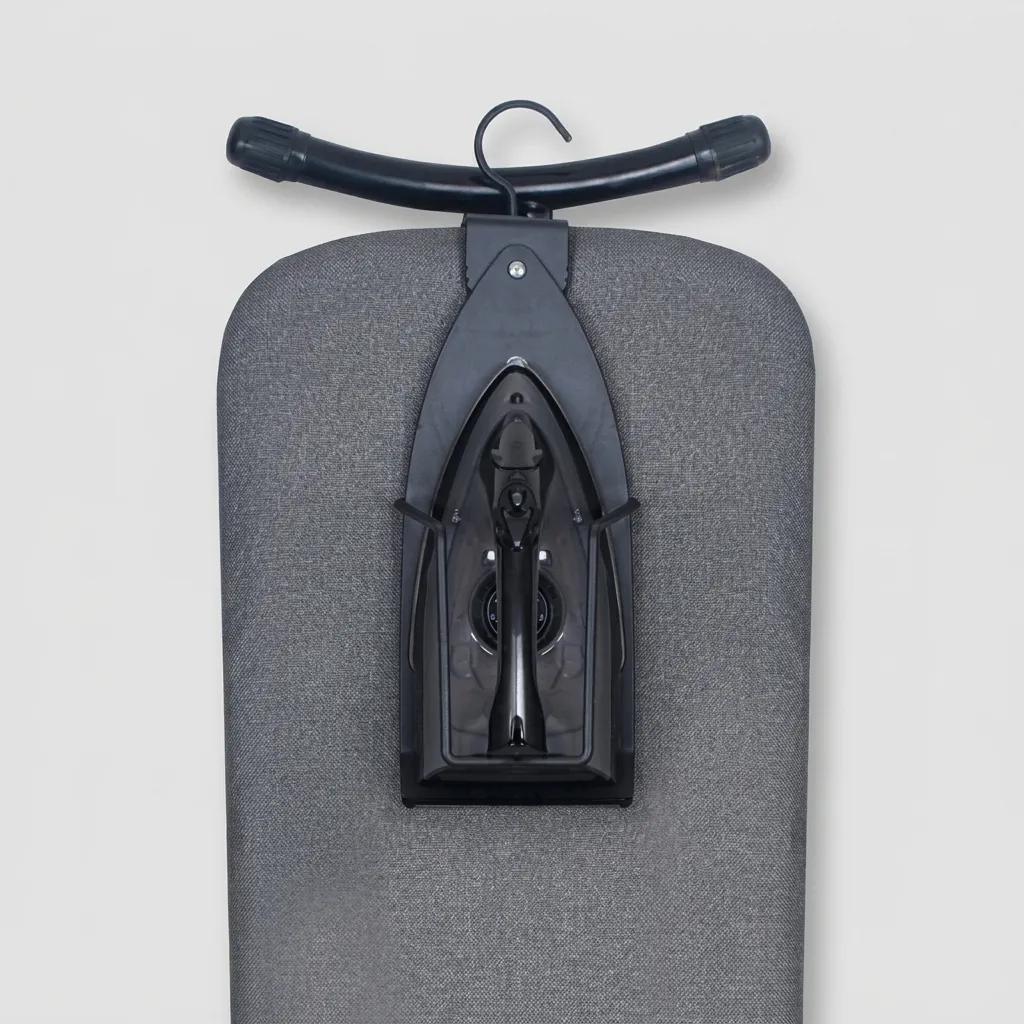 Ironing Holder 16cm [1026] — IRO-1026 — A powder-coated steel ironing holder that stores the iron and board neatly inside the wardrobe. A strong vertical bracket holds the iron while a support bracket keeps the board upright, with a hook for easy mounting. Compact at 13x16x43.5cm, available in black or silver. (image 3)