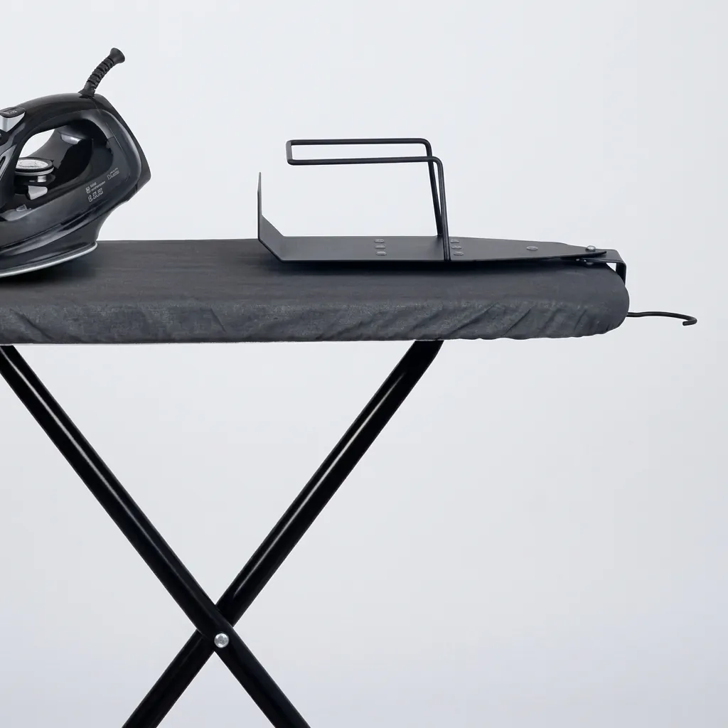 Ironing Holder 16cm [1026] — IRO-1026 — A powder-coated steel ironing holder that stores the iron and board neatly inside the wardrobe. A strong vertical bracket holds the iron while a support bracket keeps the board upright, with a hook for easy mounting. Compact at 13x16x43.5cm, available in black or silver. (image 4)