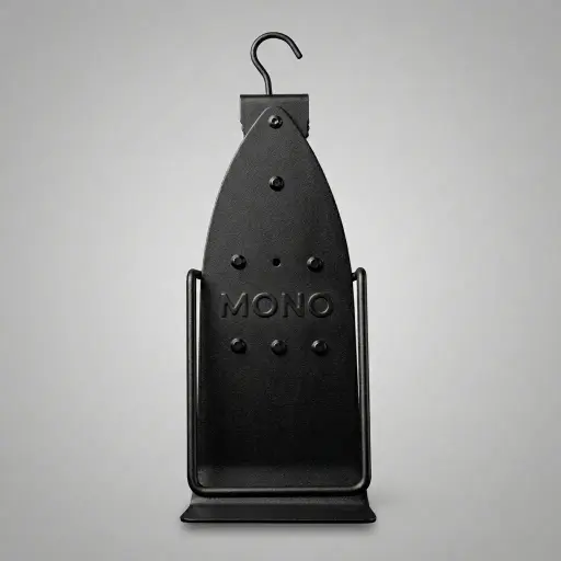 Ironing Holder 16cm [1026] — IRO-1026 — A powder-coated steel ironing holder that stores the iron and board neatly inside the wardrobe. A strong vertical bracket holds the iron while a support bracket keeps the board upright, with a hook for easy mounting. Compact at 13x16x43.5cm, available in black or silver.