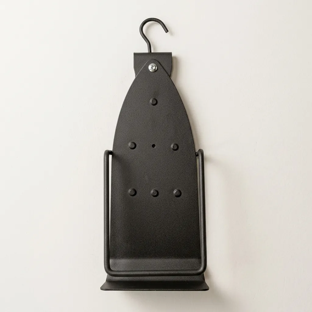Ironing Holder 16cm [1026] — IRO-1026 — A powder-coated steel ironing holder that stores the iron and board neatly inside the wardrobe. A strong vertical bracket holds the iron while a support bracket keeps the board upright, with a hook for easy mounting. Compact at 13x16x43.5cm, available in black or silver. (image 5)