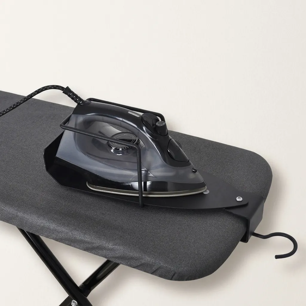 Ironing Holder 16cm [1026] — IRO-1026 — A powder-coated steel ironing holder that stores the iron and board neatly inside the wardrobe. A strong vertical bracket holds the iron while a support bracket keeps the board upright, with a hook for easy mounting. Compact at 13x16x43.5cm, available in black or silver. (image 9)