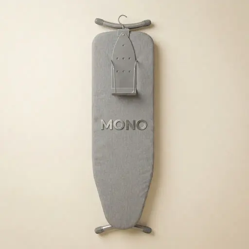 Ironing Holder 16cm [1027] — IRO-1027 — A powder-coated steel ironing holder that keeps the iron and board tidy within the wardrobe. The vertical bracket secures the iron and a support bracket holds the board upright, mounting easily with the built-in hook. Compact at 13x16x43.5cm, available in black or silver.