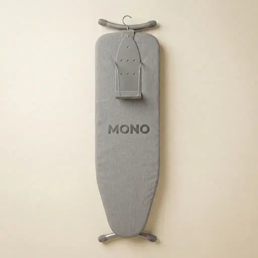Ironing Holder 14cm [1029] — IRO-1029 — A space-saving powder-coated steel ironing holder for the iron and board, fitting neatly inside the wardrobe. The vertical bracket secures the iron and a support bracket holds the board upright, mounting easily with the built-in hook. Slim at 13x14x42cm, available in black or silver.