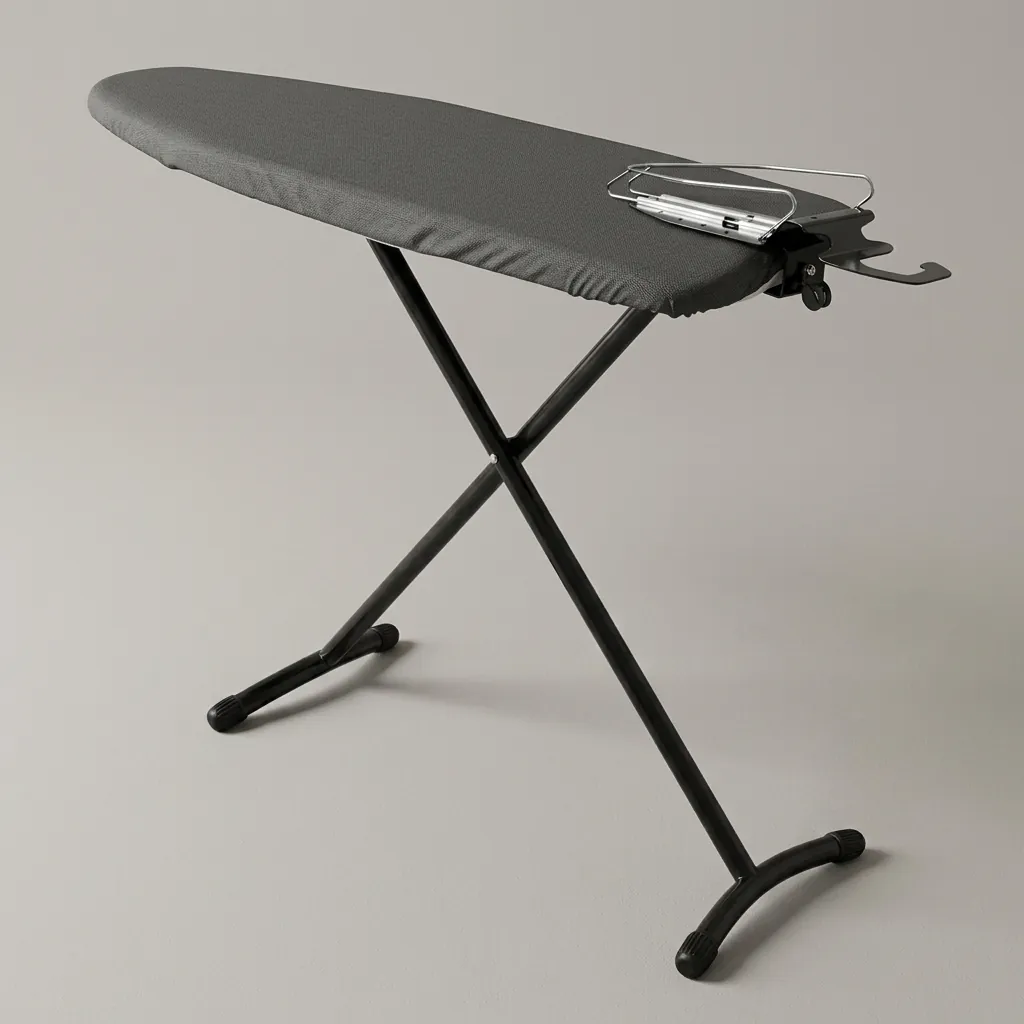 Anti-Theft Ironing Holder [1030] — IRO-1030 — A robust anti-theft ironing holder in durable metal and heat-resistant plastic that stores the iron and board securely. A cable hook conceals the cord while rubberized rails grip the iron in place. Black or silver, 42 x 14 x 13cm. (image 4)