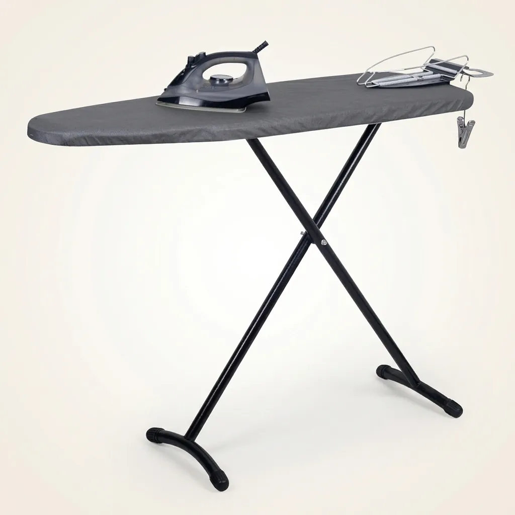 Anti-Theft Ironing Holder [1030] — IRO-1030 — A robust anti-theft ironing holder in durable metal and heat-resistant plastic that stores the iron and board securely. A cable hook conceals the cord while rubberized rails grip the iron in place. Black or silver, 42 x 14 x 13cm. (image 5)