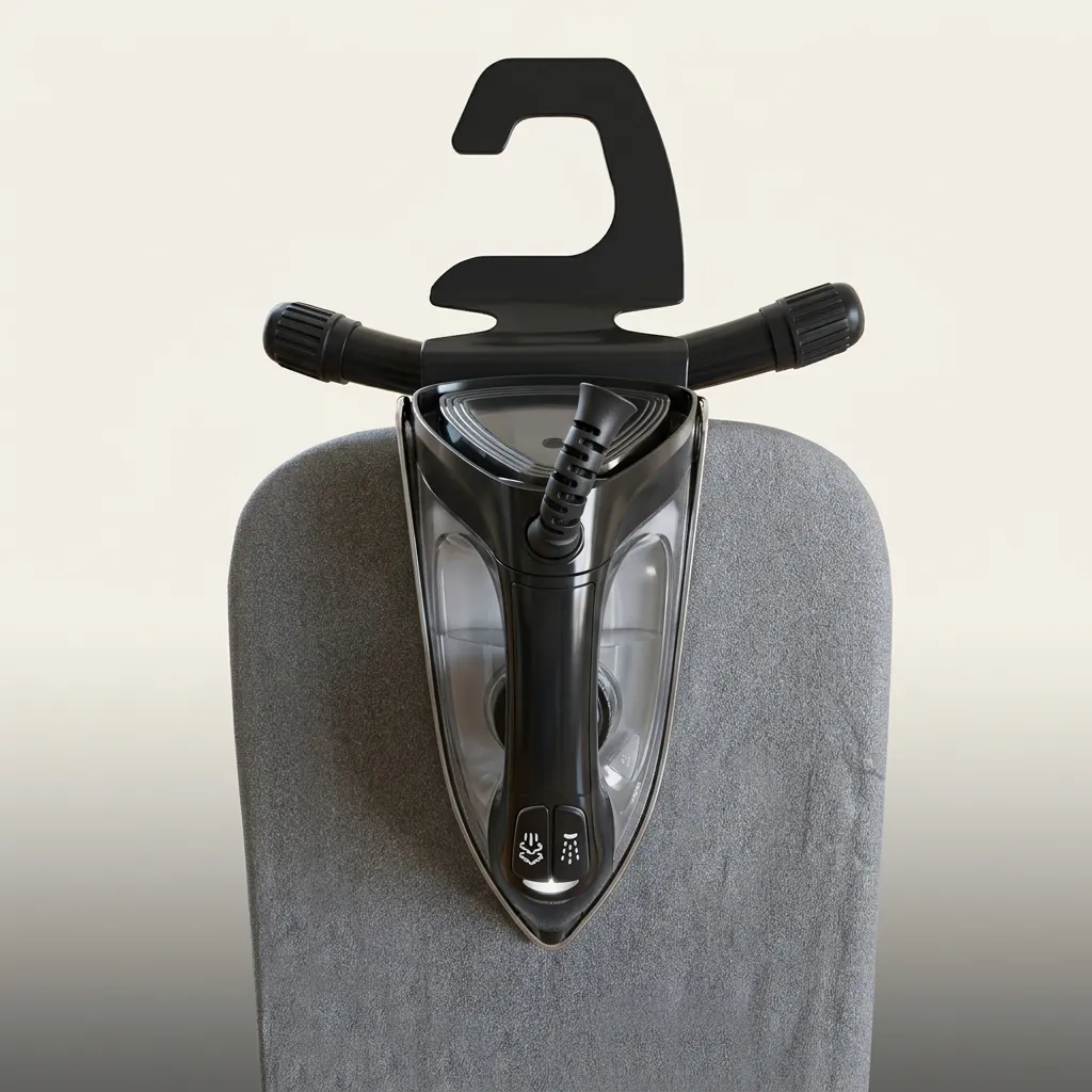 Anti-Theft Ironing Holder [1030] — IRO-1030 — A robust anti-theft ironing holder in durable metal and heat-resistant plastic that stores the iron and board securely. A cable hook conceals the cord while rubberized rails grip the iron in place. Black or silver, 42 x 14 x 13cm. (image 7)