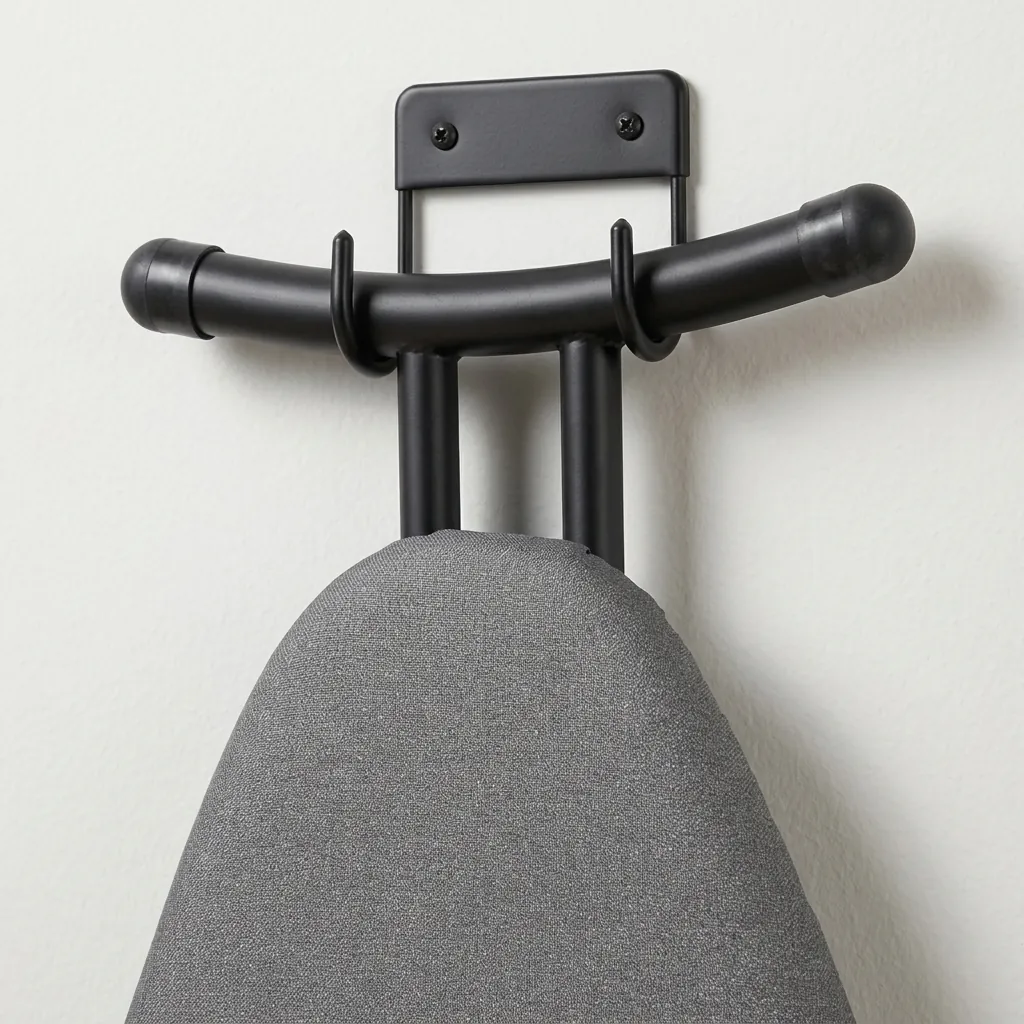 Wall Mounted Ironing Board Hanger — IRO-1032 — A compact metal wall hanger that stores the ironing board neatly when not in use. Strong hooks hold the board securely and free up floor space, mounting easily on the wall or in the wardrobe with the included screws. Suitable for all our ironing boards, sized at 11x12x6cm in black. (image 2)