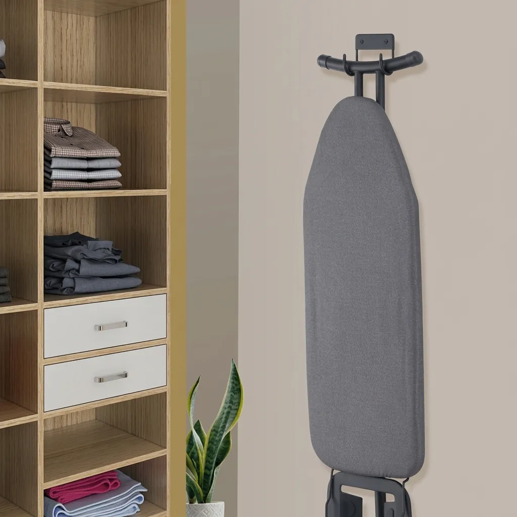 Wall Mounted Ironing Board Hanger — IRO-1032 — A compact metal wall hanger that stores the ironing board neatly when not in use. Strong hooks hold the board securely and free up floor space, mounting easily on the wall or in the wardrobe with the included screws. Suitable for all our ironing boards, sized at 11x12x6cm in black. (image 4)